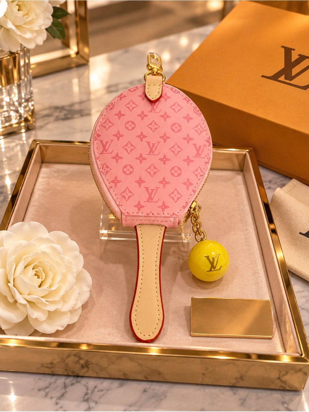 Pink Monogram Paddle Key Pouch with Yellow Charm